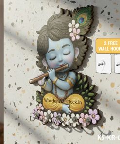 Printed 5mm Cute Baby Krishna Wooden Key Holder with Includes 2 FREE Self-Adhesive Wall Hooks | KS-KR-001