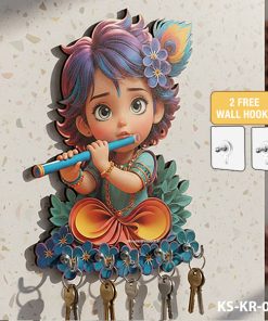 Printed 5mm Cute Baby Krishna Wooden Key Holder with Includes 2 FREE Self-Adhesive Wall Hooks | KS-KR-002