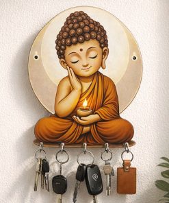 Small Lord Budhha Wooden Printed Key Holder | 5 Hooks | No Drill 2 Self Adhesive Hook Free | Size : 4x5" Inch
